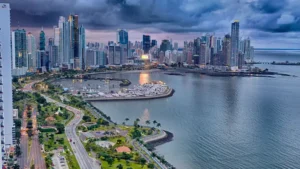 Aerial view of Avenida Balboa, a main road in Panama City. retire in Panama