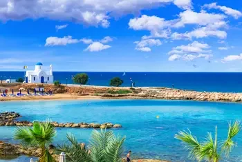 Cyprus island - best beaches. Scenic Louma beach with little church. Elite Retirement Havens