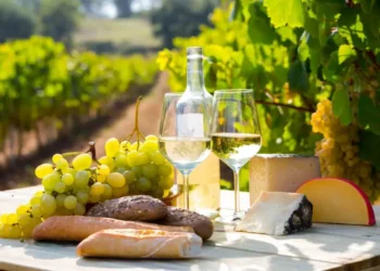 Bread, grapes, wine glasses and a wine bottle on a table.