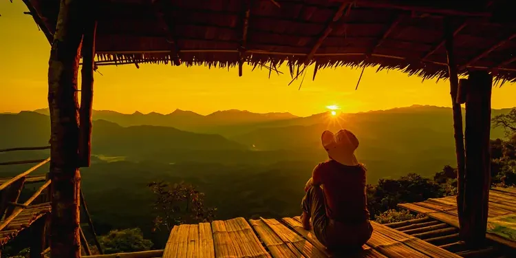 Woman sitting on wooden porch extending into a high mountain cliff. Moving Overseas As A Single