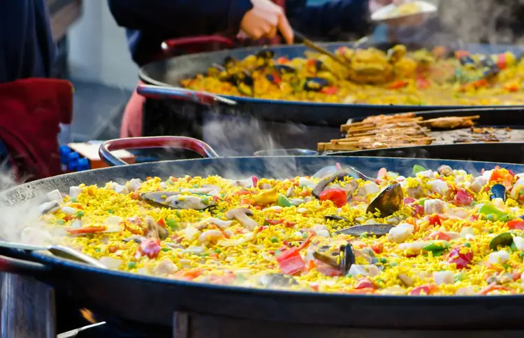 view of plates full of spanish paella. valencia