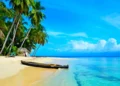 Clear blue water, palm trees in Paradise Island, San Blas, Panama