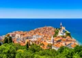 Aerial view of harbor fishing town of Piran, Slovenia on the Adriatic Sea riviera in the Mediterraniean Sea