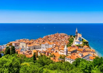 Aerial view of harbor fishing town of Piran, Slovenia on the Adriatic Sea riviera in the Mediterraniean Sea