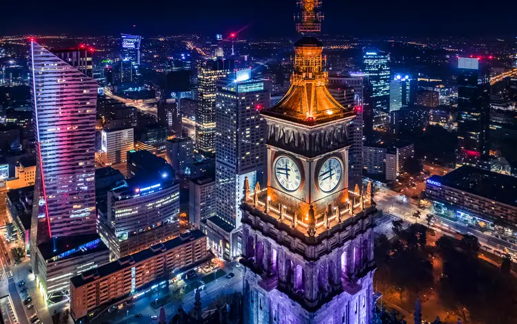 Aerial nightime view of Warsaw. poland