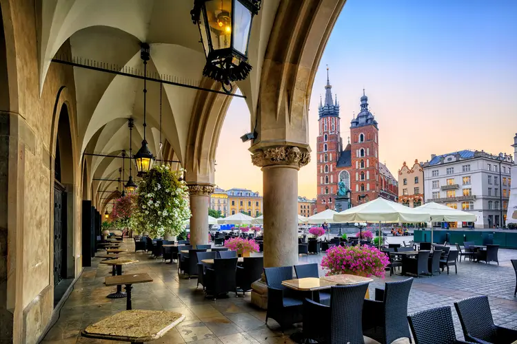 Sunrise view of St Mary's Basilica and Main Market Square in Krakow Poland