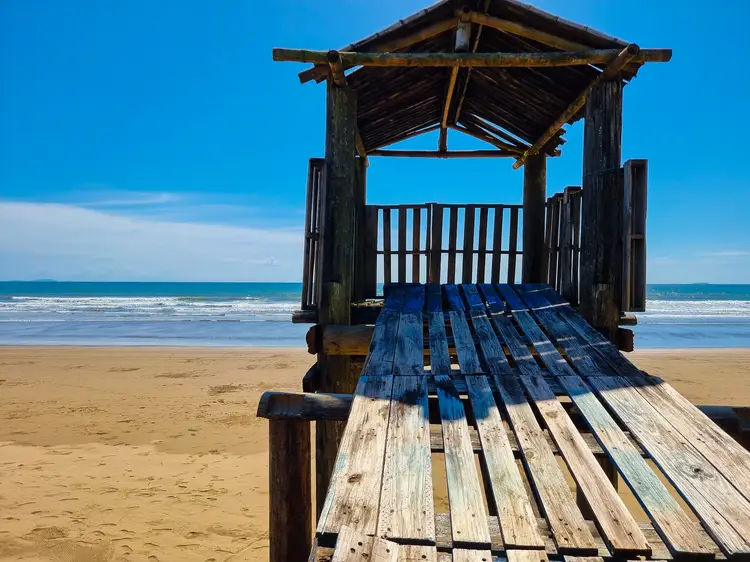 Panama, Las Lajas, walkway to the old wooden baywatch