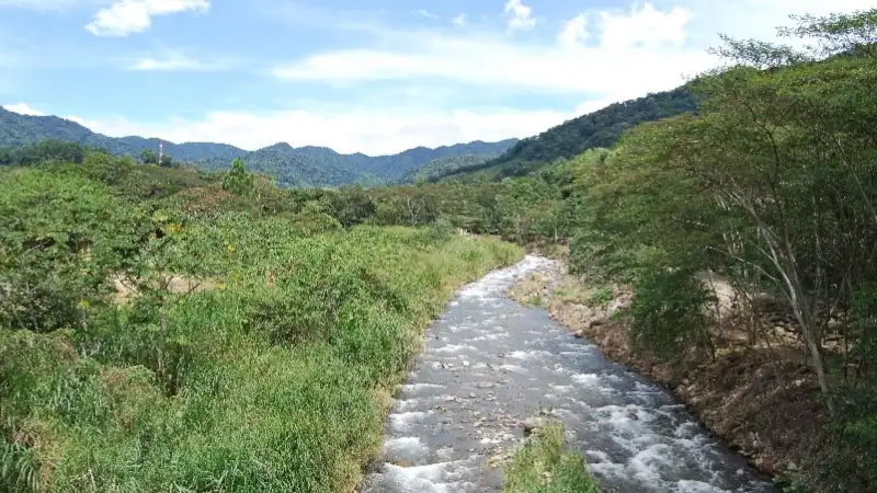 River flowing through lush green valley with mountains in Boquete