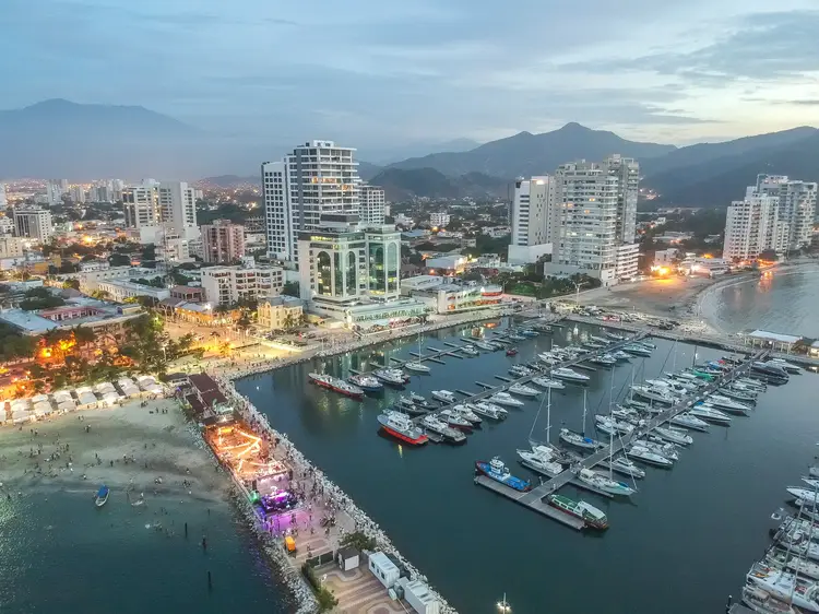 Santa Marta, Magdalena, Colombia. August, 2020: Aerial landscape of the port and blue sea on the beach. move to colombia climate in colombia