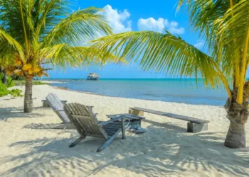 Paradise beach in Placencia, tropical coast of Belize, Caribbean Sea, Central America.