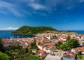 cityscape of angra do heroismo, aerial view of the city of angra do heroismo from the Miradouro da Serreta , azores portugal