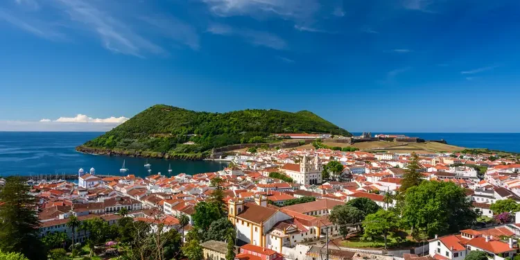 cityscape of angra do heroismo, aerial view of the city of angra do heroismo from the Miradouro da Serreta , azores portugal