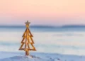 Christmas tree with fairy lights on the beach in summer