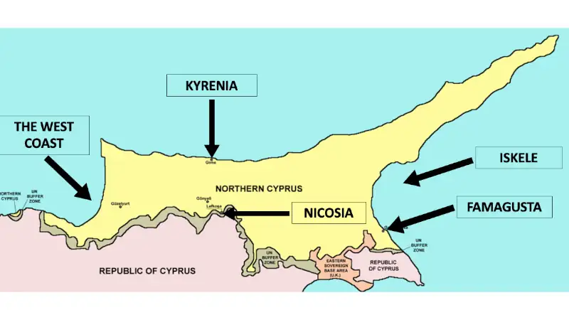 simplified map of Northern Cyprus highlighting key regions and cities.