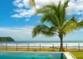 A dreamy scene with an infinity pool and palm tree next to beautiful ocean beach