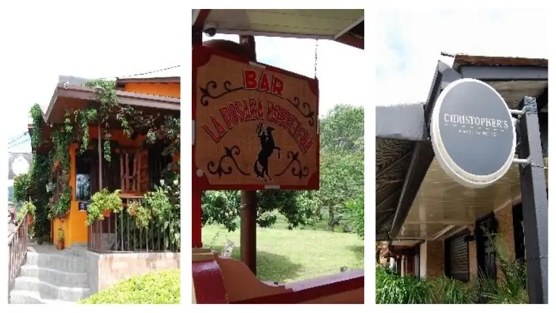Collage showing the exterior of different bars and restaurants, including colorful facades and outdoor signage.