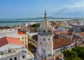 Drone view of Casco Viejo Clock Tower in Panama City, Panama