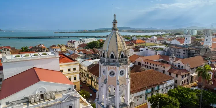 Drone view of Casco Viejo Clock Tower in Panama City, Panama