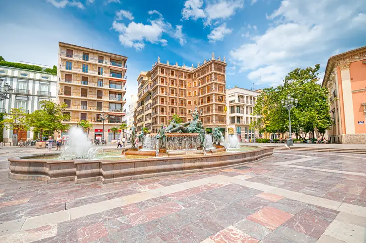 Square of Saint Mary's and fountain Rio Turia. Valencia, Spain.