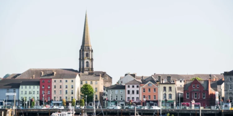 church steeple above colorful irish village of waterford ireland