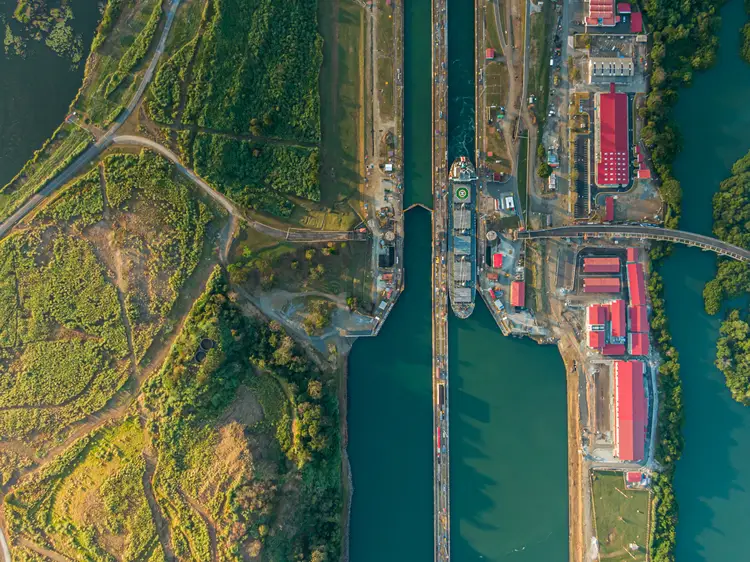 Beautiful aerial view of the Beautiful aerial view of the Panama Channel on the Sunset. economy in panama