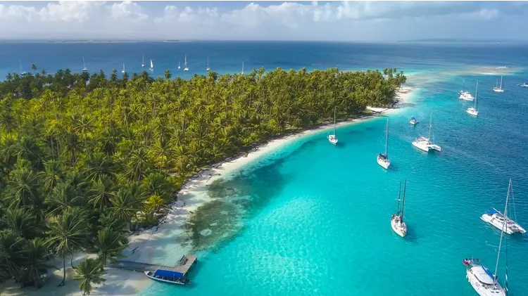 Drone Aerial View of Sailboats & Sailing Yachts anchored in turquoise Water of Blue Lagoon next to white Sand Beach of Tropical Caribbean Island with green Palm Trees. travel in panama