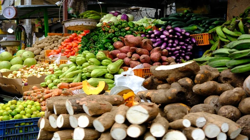 Colorful fresh fruits and vegetables on display at the outdoor farmers market. tierras altas panama highlands