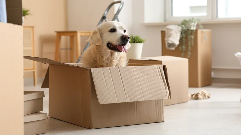 Cute Labrador dog sitting in box on moving day at home. move to panama