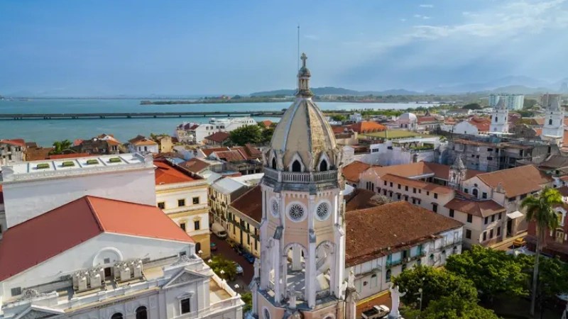 Drone view of Casco Viejo Clock Tower in Panama City, Panama