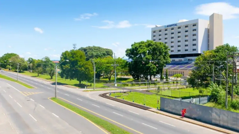 Hospital with solar panels on the roof in David, Panama