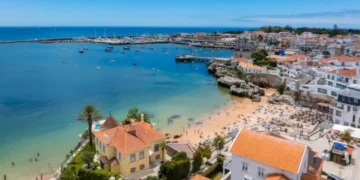 Aerial panoramic view of Cascais. 30km west of Lisbon on the portuguese riveira, cascais, Portugal. Drone aerial view of Praia da Rainha and historic city centre of Cascais, Portugal