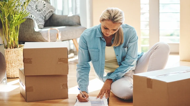 Woman, new home and document by boxes on floor. move to panama