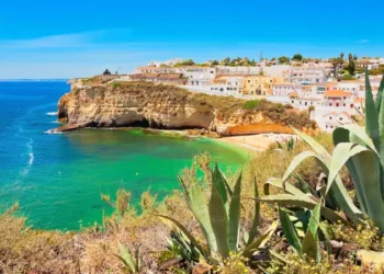 sunny coastal scene with cliffs, turquoise water, and a hillside town of white and pastel buildings, viewed through agave plants in the foreground.