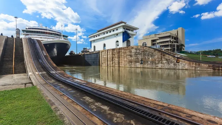 Ship exits locks at the Panama Canal. travel in panama