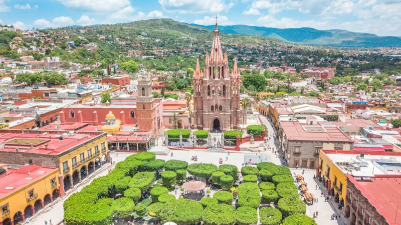 Beautiful aerial view of the main square of San Miguel de Allende in Guanajuato, Mexico