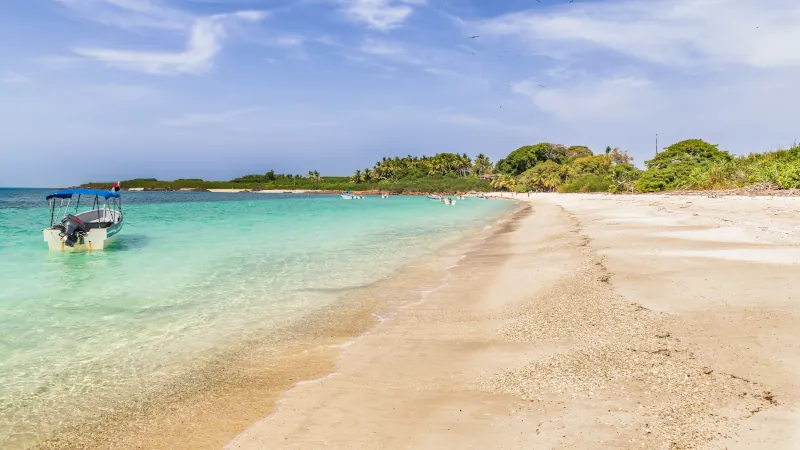 The beach at Iguana Island located on Pacific Ocean of the Azuero Peninsula coast near Pedasi in Panama.