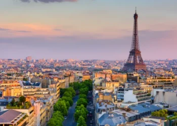 Skyline of Paris with Eiffel Tower in Paris, France. Panoramic sunset view of Paris
