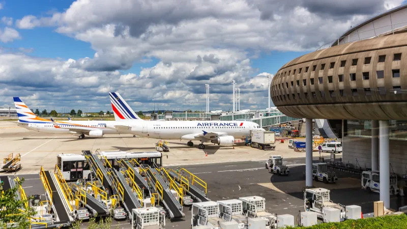 Airplanes at Paris Charles de Gaulle airport terminal 2 in France