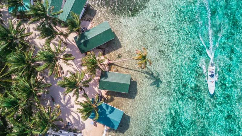 Aerial drone view of Tobacco Caye small Caribbean island with palm trees and bungalows in the Belize Barrier Reef