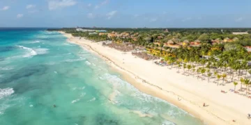 Playa del Carmen white sand beach and luxury hotels seen from above – Mexico expat lifestyle