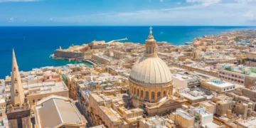 Aerial view of Lady of Mount Carmel church, St.Paul's Cathedral in Valletta city, Malta.