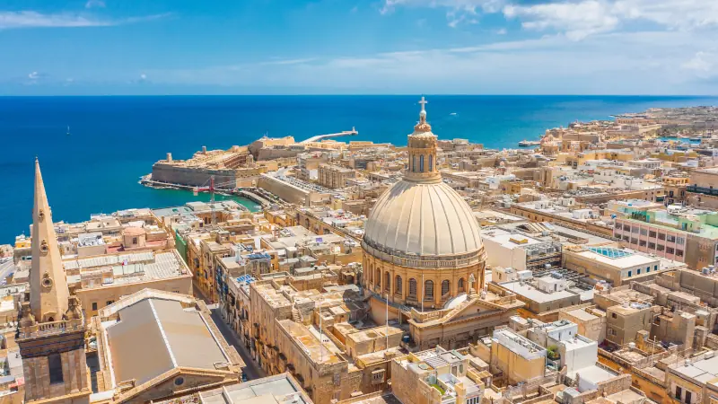 Aerial view of Lady of Mount Carmel church, St.Paul's Cathedral in Valletta city, Malta.
