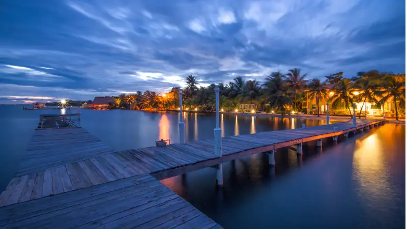 Boardwalk in Placencia, Belize at night.