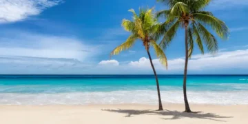 Tropical white sand beach with coco palms and the turquoise sea on Caribbean island.