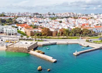 Aerial from the city Lagos with the Forte da Bandeira in Portugal