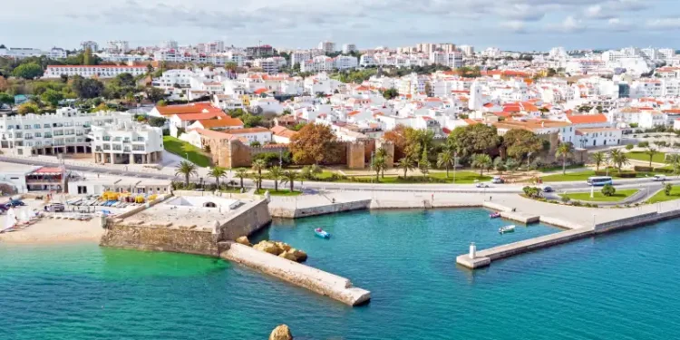 Aerial from the city Lagos with the Forte da Bandeira in Portugal