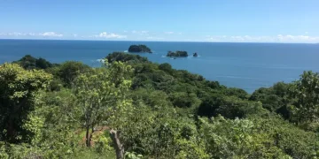 View of Los Islotes, showing lush tropical forest in the foreground and several small rocky islets surrounded by the blue ocean under a clear sky.