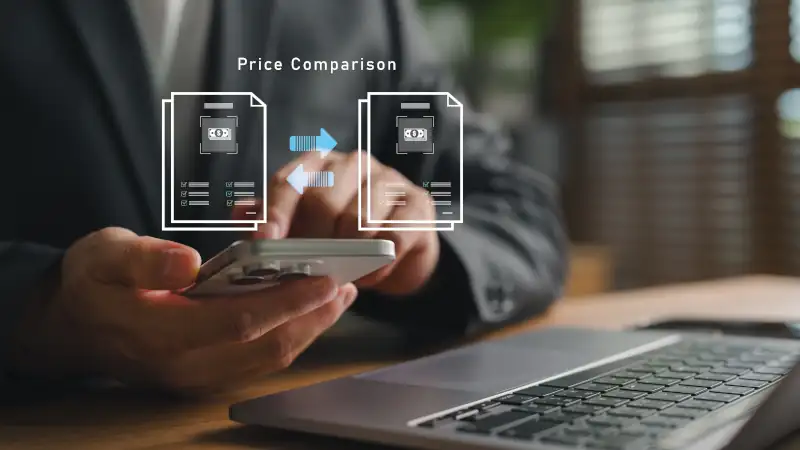 Businessman comparing quotations and making procurement decisions through digital platform