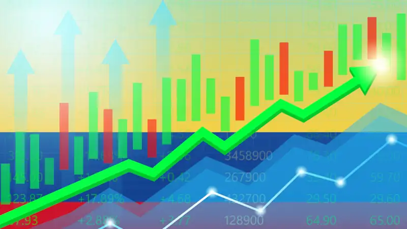 Colombia Economy. Flag of Colombia with Rising Financial Graph.