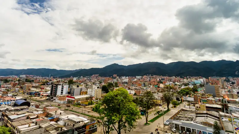 Panoramic of the Chapinero neighborhood with eastern hills in the background in Bogota, Colombia